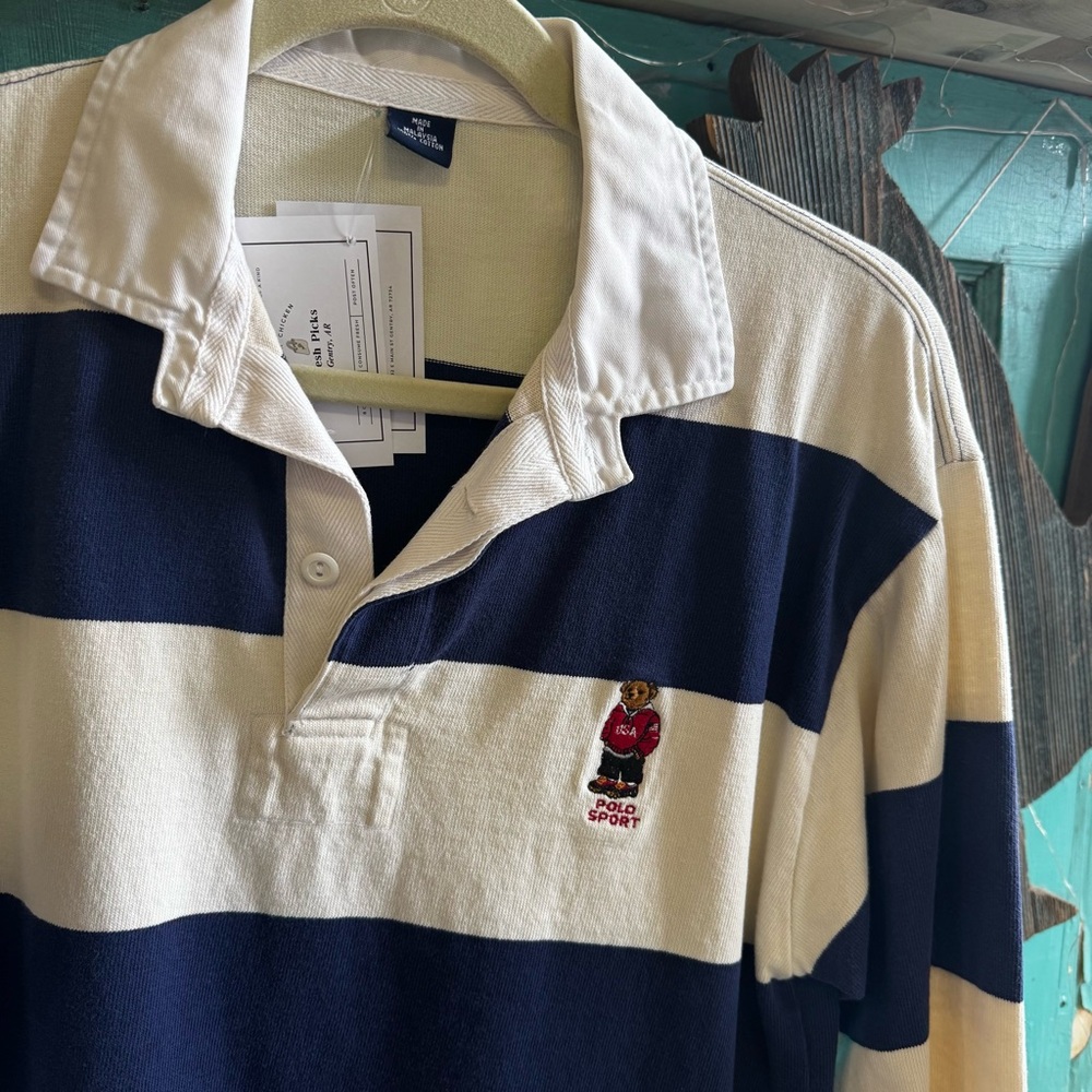 Polo by Ralph Lauren Navy and White Striped Shirt with Bear